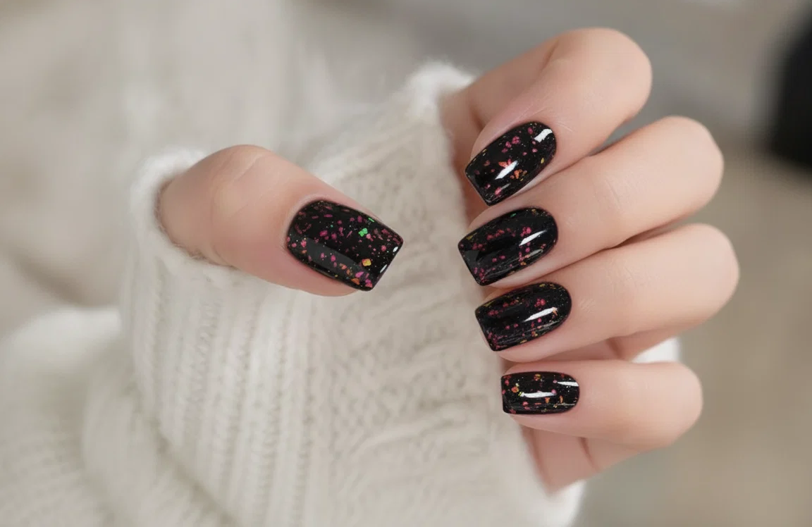 Midnight Confetti gel nail wrap design worn on hand